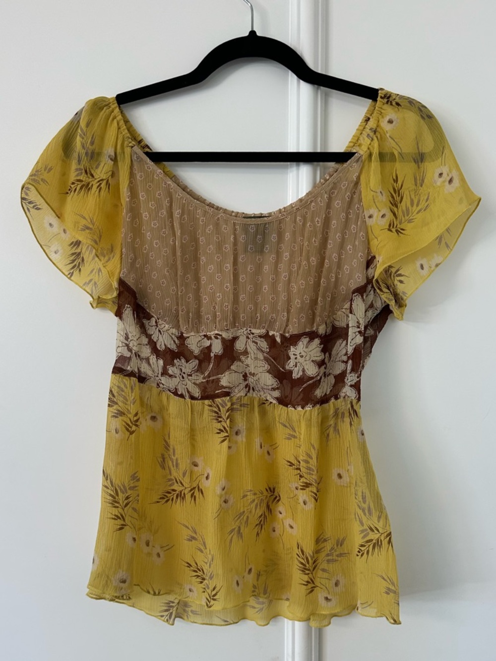Anthropologie Floral Mixed-Print Yellow Flutter-Sleeve Top